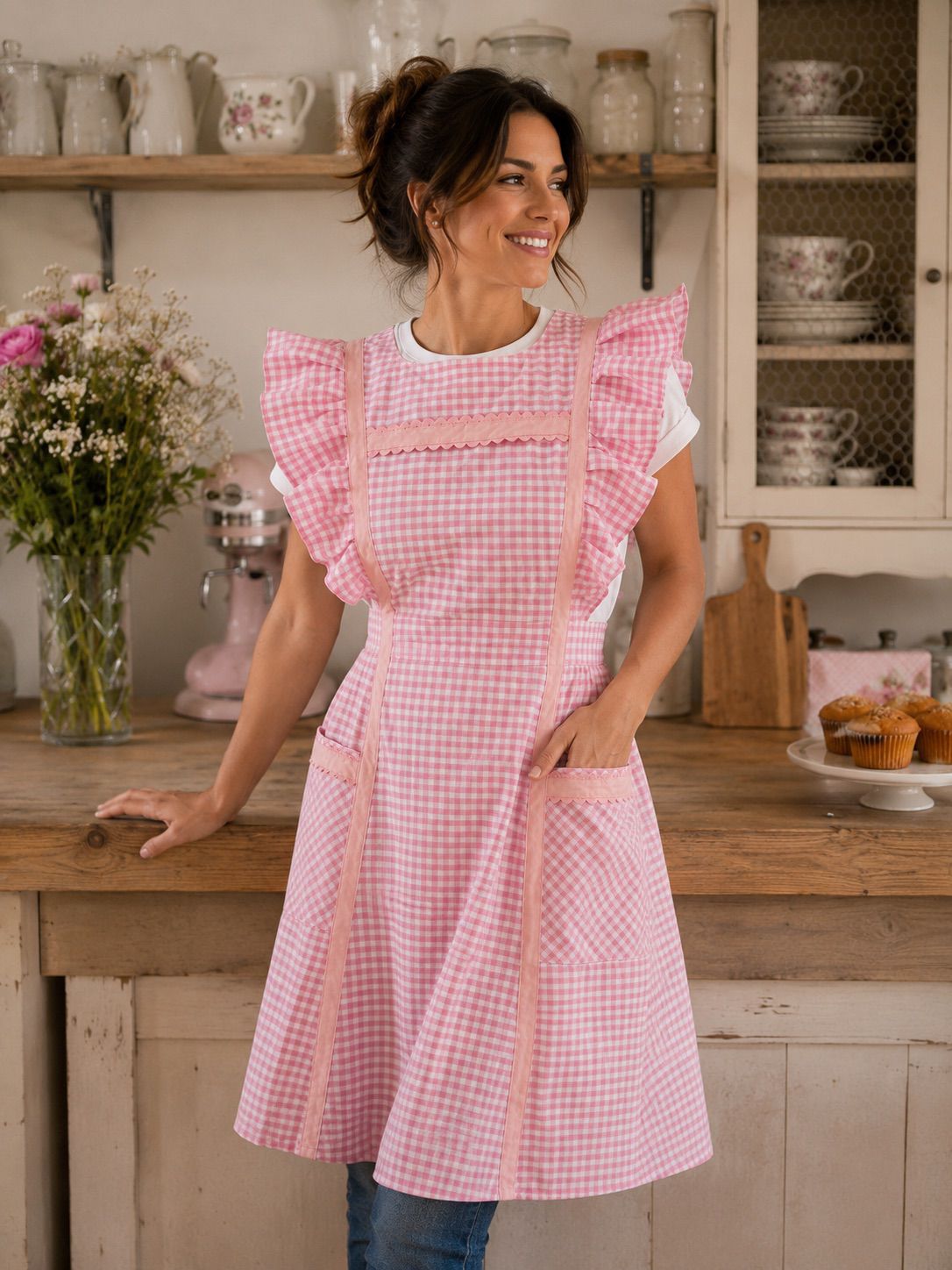 Delantal Vintage – Cuadro Vichy Rosa 